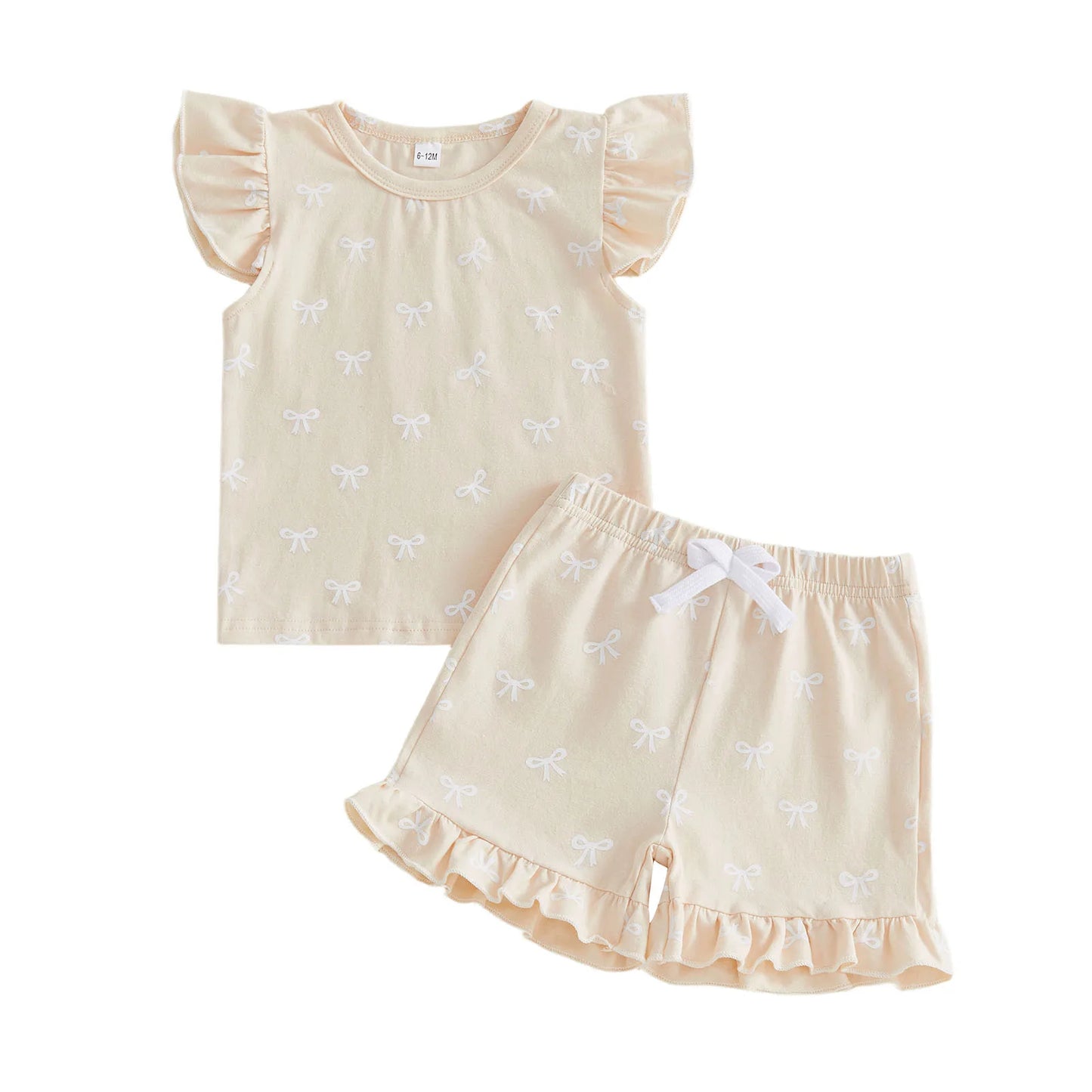 Adorable Infant Girl s Summer Ensemble with Bow Print Frilly Crew Neck Top and Matching Shorts - 2 Piece Set