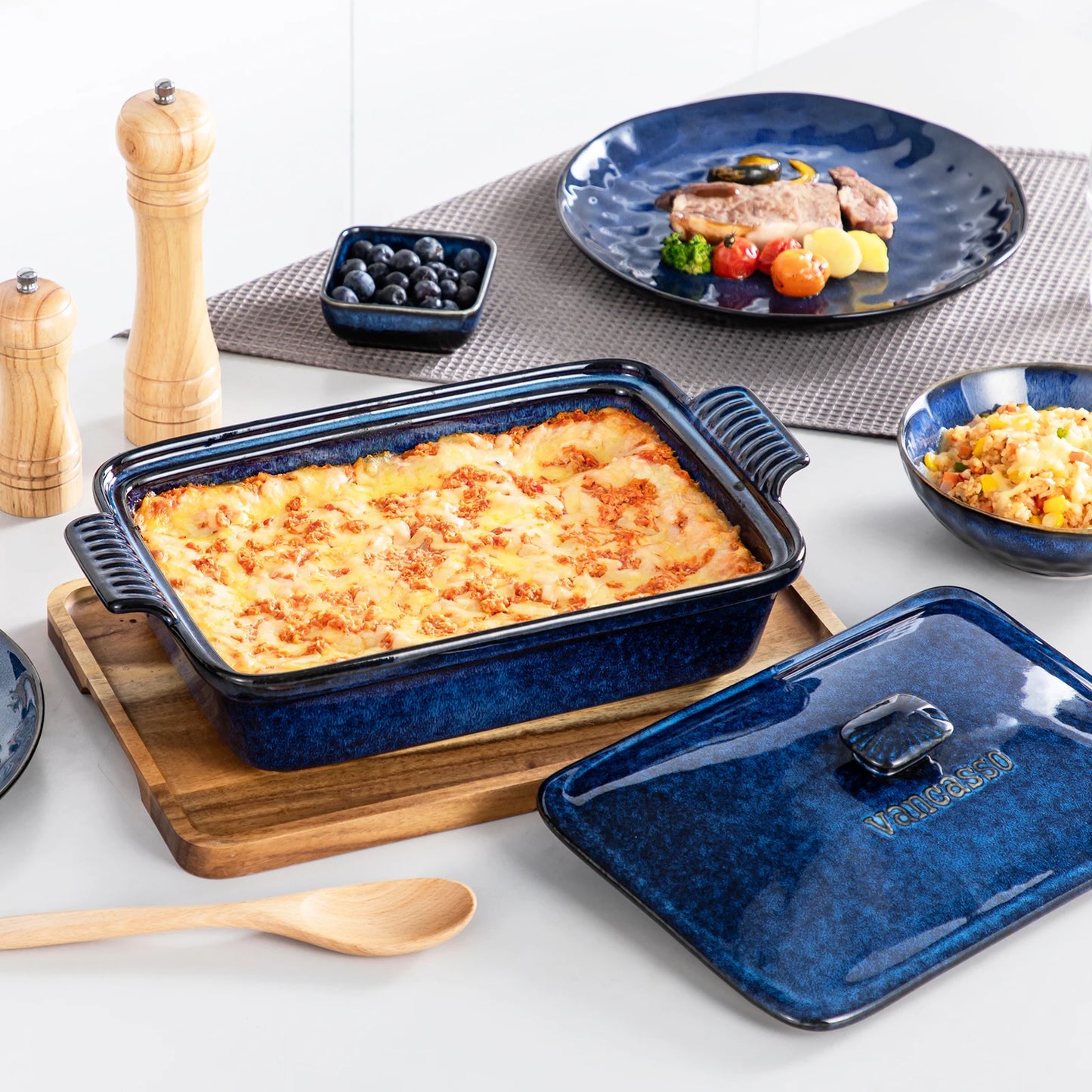 Vancasso Starry 3.8/1.9 Quart Blue Casserole Baking Dish Large Lasagna Pan with Lid Stoneware Casserole with Lid Microwave