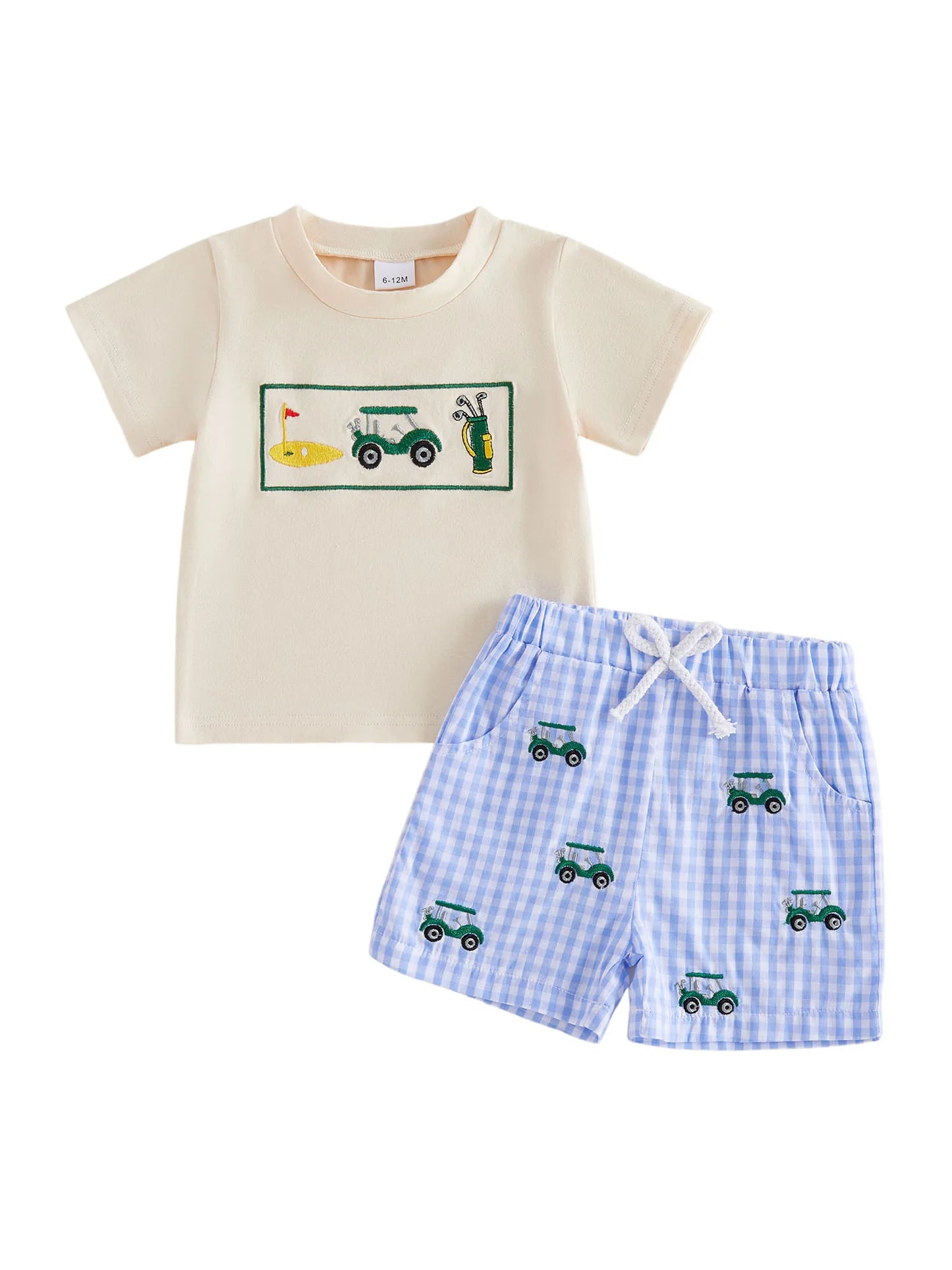 Boys Summer Outfits with Cute Animal Embroidery Short Sleeve T-Shirts and Elastic Waist Plaid Shorts 2Pcs Clothing Set for