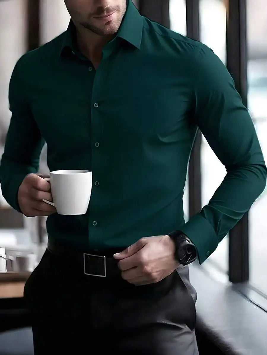 Mens Solid Color Long Sleeve Button Up Shirt Stand Collar