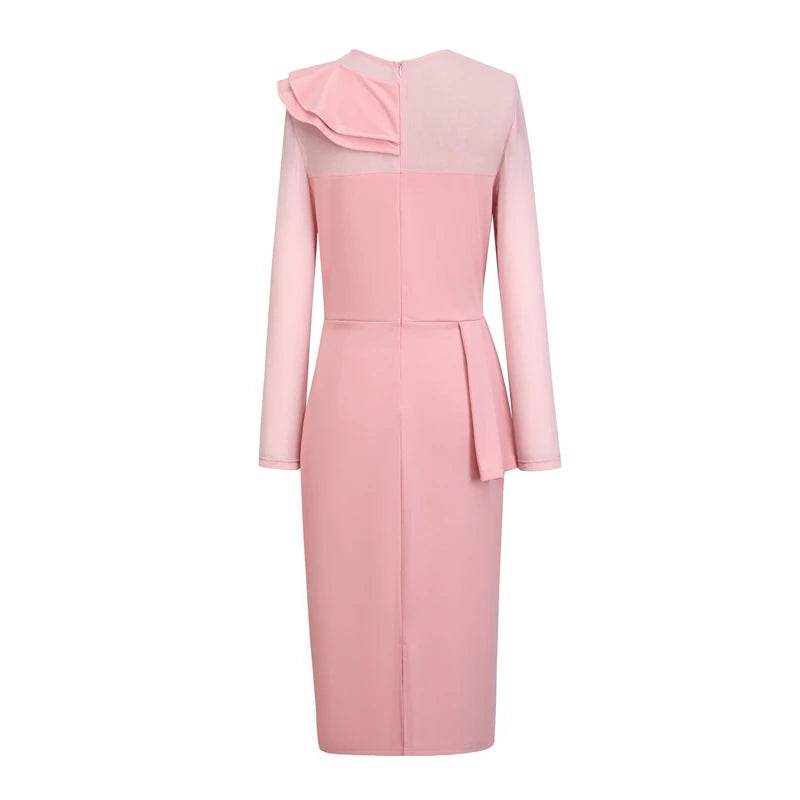 2026 Fashion Beaded Dress Mesh Long-Sleeved Stretch Slim-Fit Ruffled Hip Skirt Dating All-Match Elegant Women's Clothing