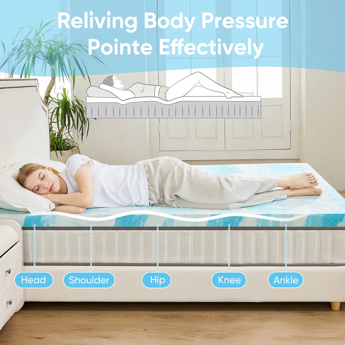 JHK 2-3 Inch Memory Foam Mattress Topper Queen Size Thick Gel  Cooling Mattress Soft and Breathable Bed Topper Bedroom Furniture