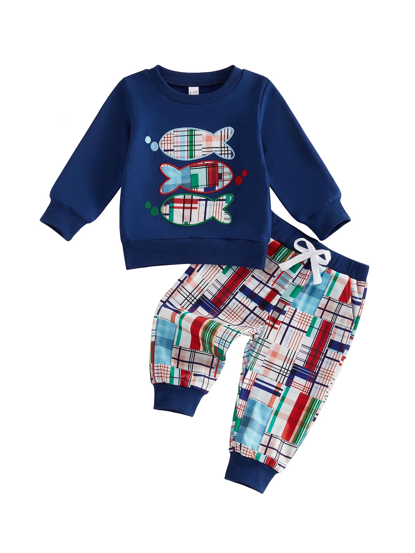 Girls Two Piece Plaid Pants Set With Embroidered Sleeve Sweatshirt