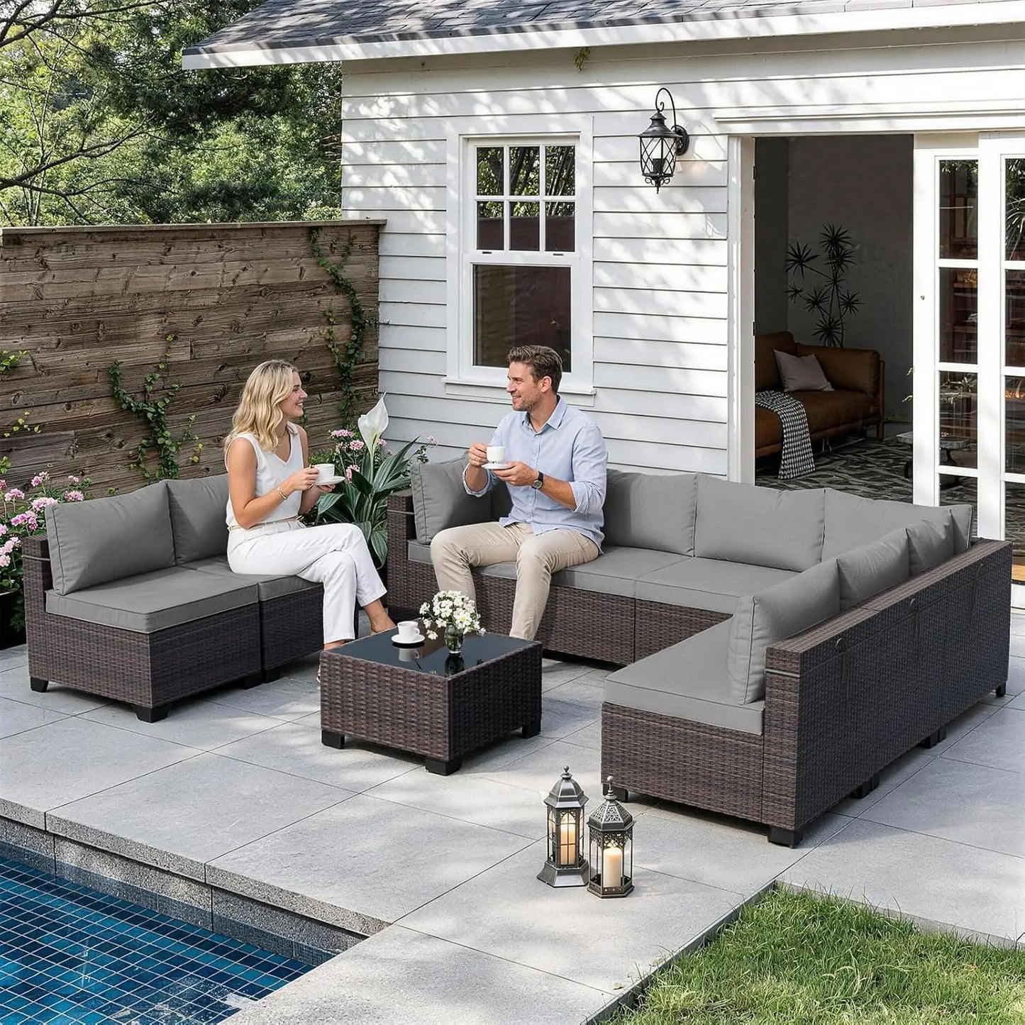 Patio Furniture Set with Coffee Table, 9 Pieces Outdoor Sectional with Wide Seat and Thick Cushion, All Weather, Customized