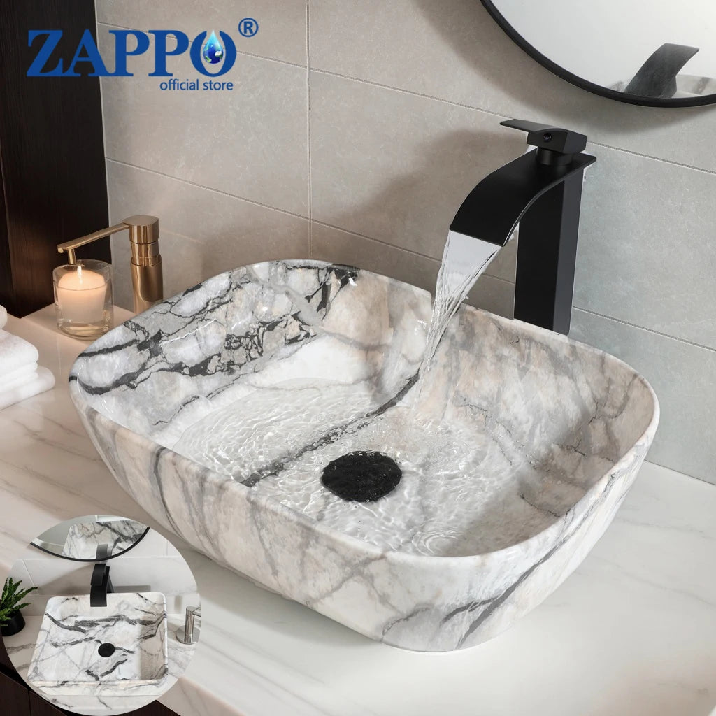 Mekkerala Artistic Marble Pattern Ceramic Vessel Sink Set