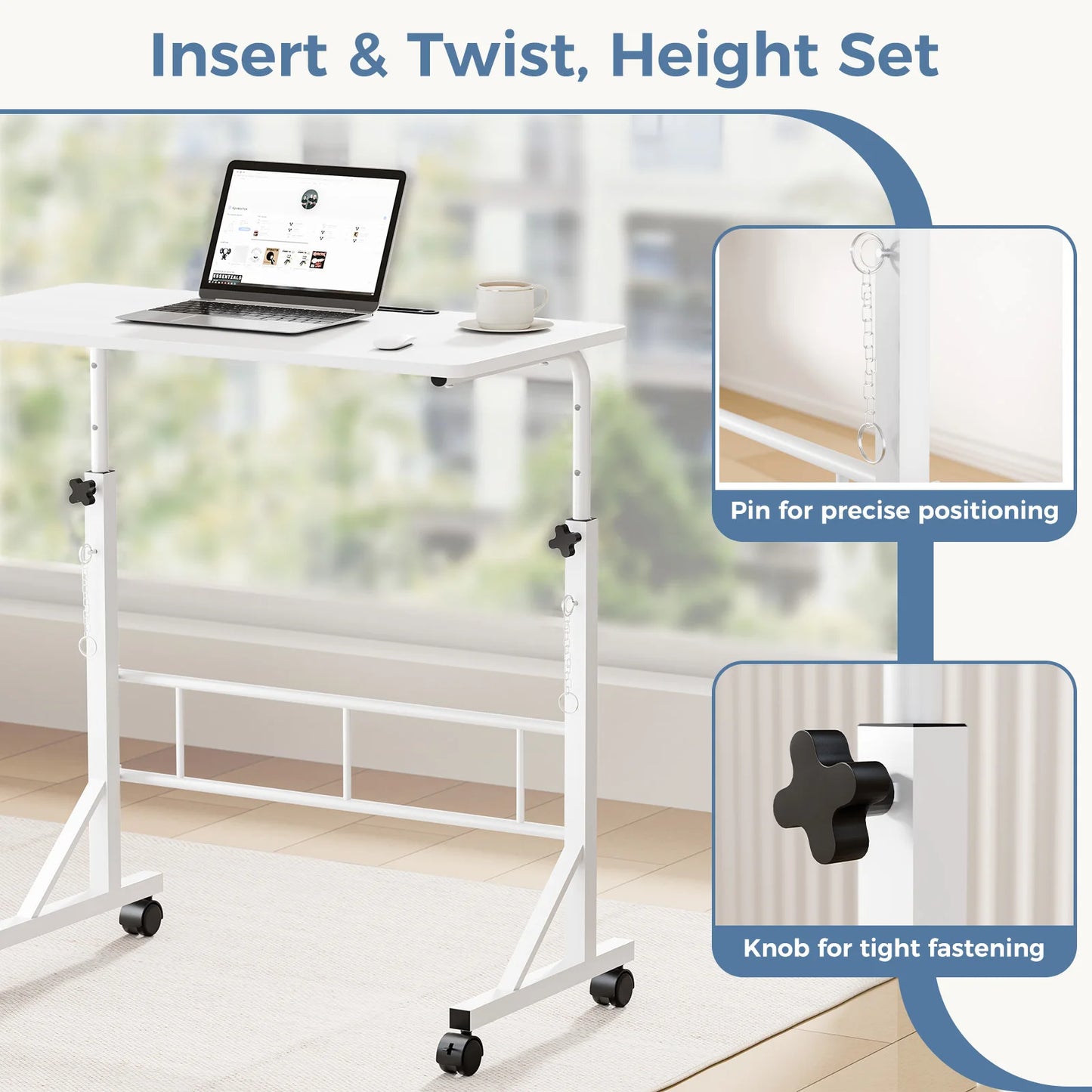 JHK 31.5" Adjustable Height Mobile Desk with Locking Wheels Pin-Lock Portable Computer Desk Laptop Workstation for Walking Pad Active Home Office