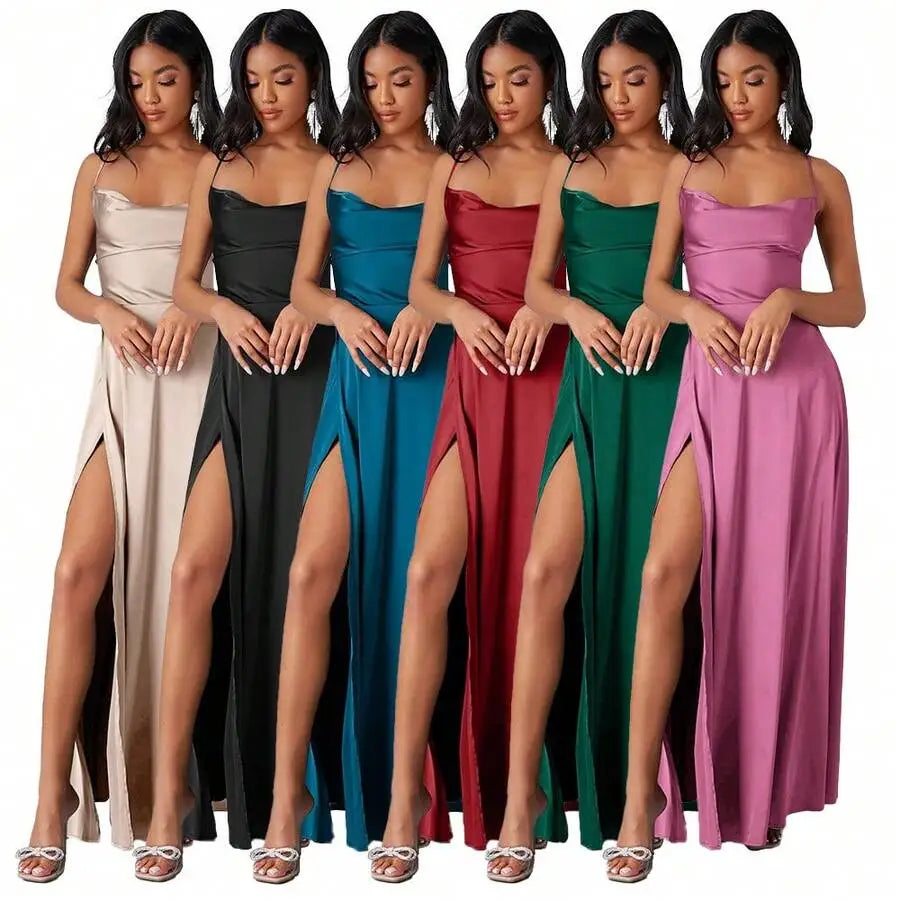Satin Spaghetti Strap Prom Dress With High Slit And Draping