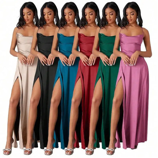 Satin Spaghetti Strap Prom Dress With High Slit And Draping