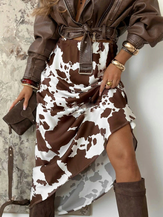 Stylish Women High Waist A Line Cow Print Casual Skirt
