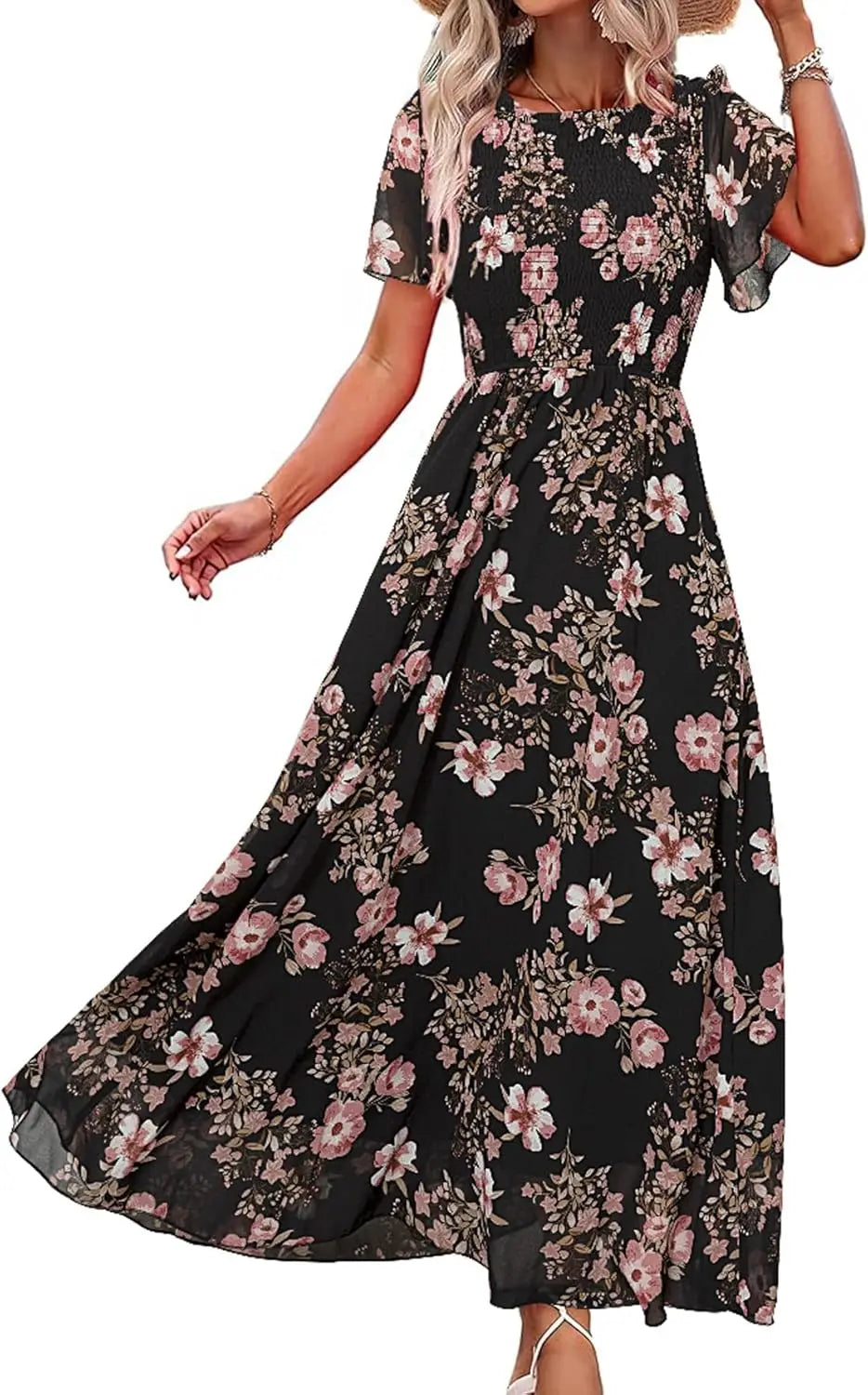 Floral Casual Summer Maxi Dress Chiffon With Smocked Short Sleeve