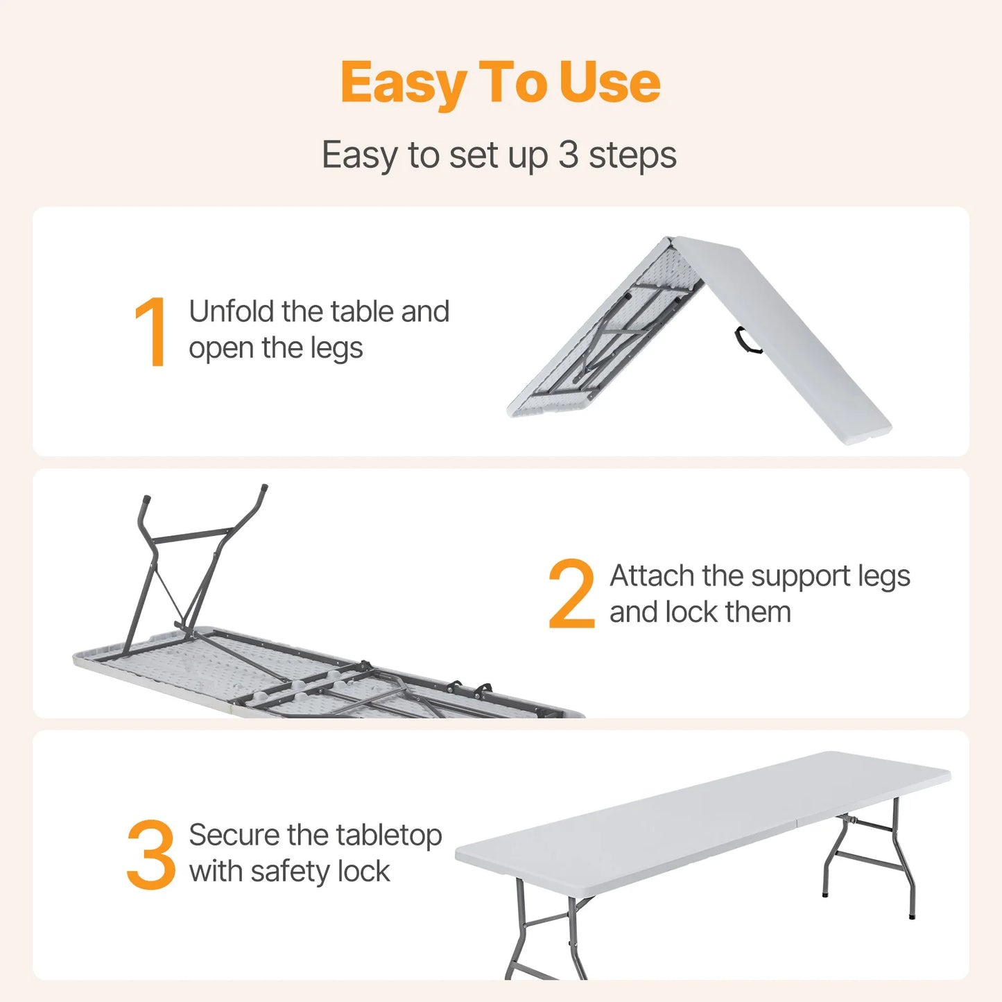 MCQ 6 FT to 8 FT Folding Outdoor Picnic Table With Carrying Handle Foldable Table for Camping Picnic Dining Party Kitchen Outdoor Indoor Easy to Fold and Store