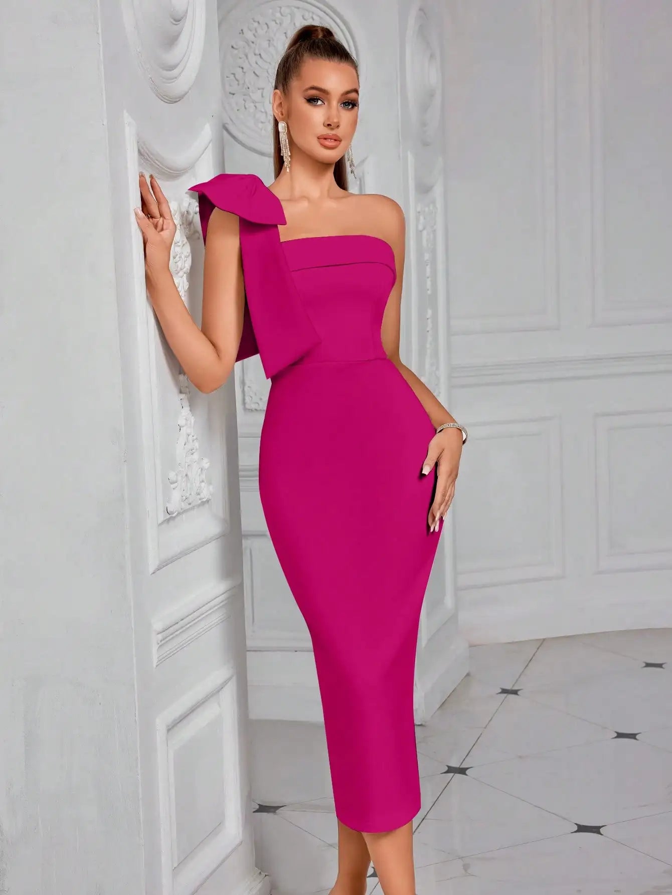 Elegant One Shoulder White Midi Dress with Bow Detail, High Waist, Backless for Party Wedding Guest Evening