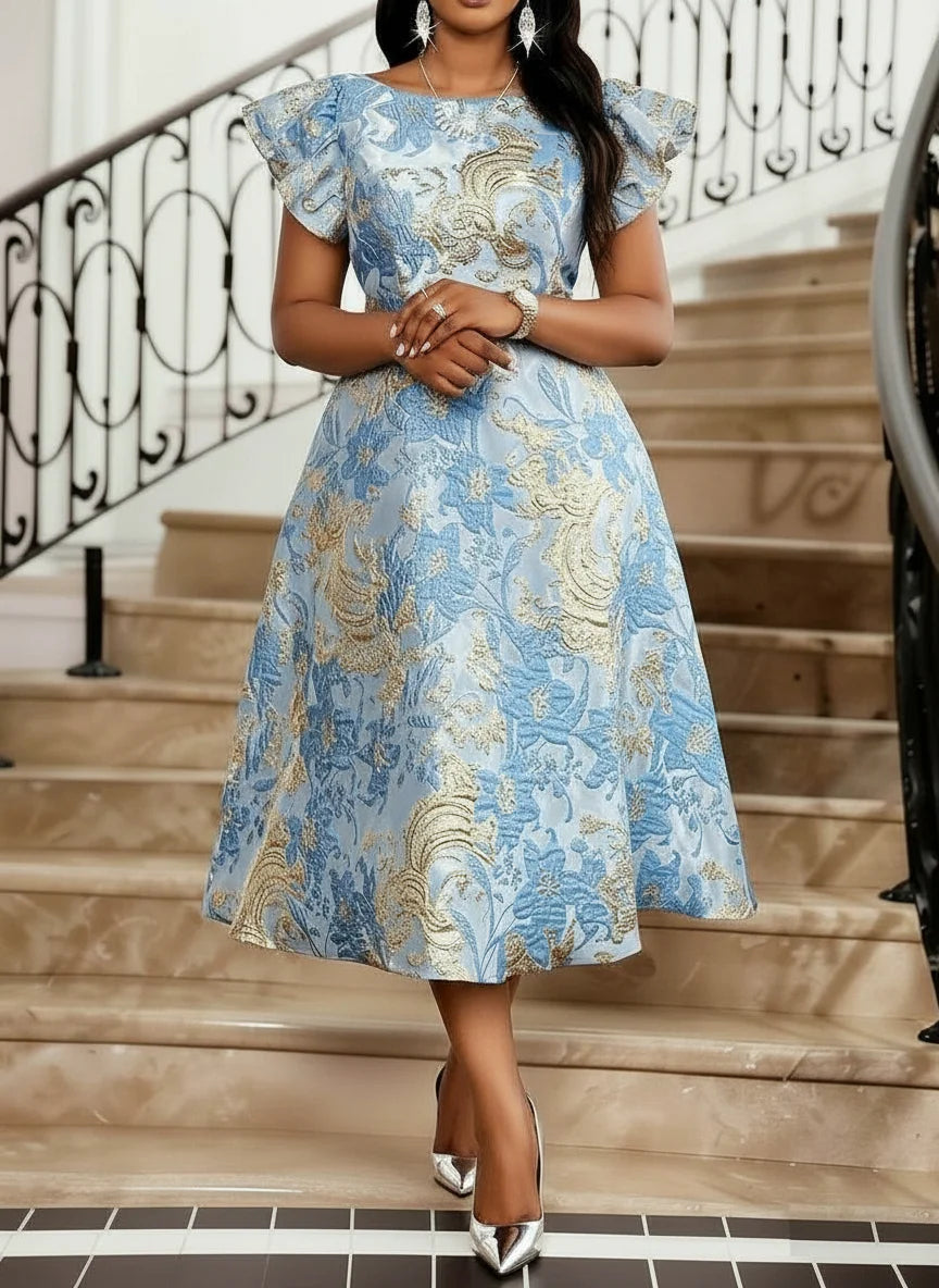 Plus Size Round Neck Ruffle Short Sleeve Printed Midi Flare Dress For Women Wedding Guest  Daily Elegant Party Occasions