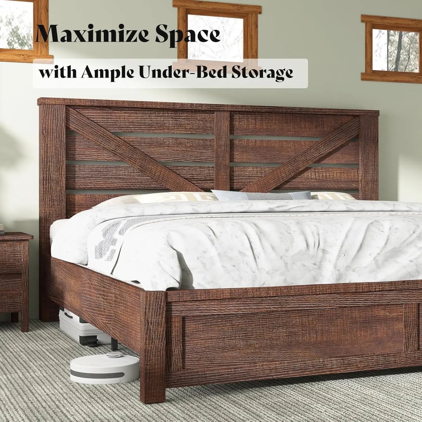 King Size Bed Frame with 49.2" Barn Door Headboard and Footboard, Rustic Farmhouse Platform Bed Frame with Wood, Customized