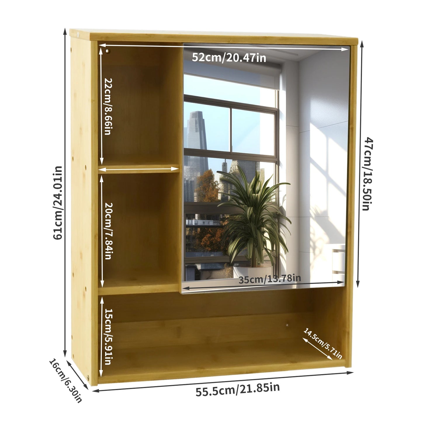 Bathroom Wall Mounted Bamboo Medicine Cabinet Mirror Large Storage Shelving