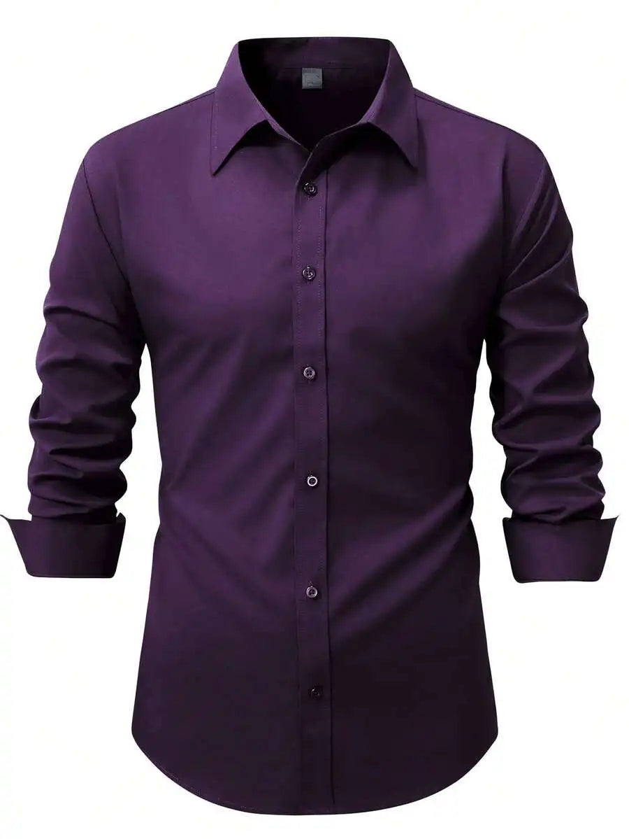 Mens Solid Color Long Sleeve Button Up Shirt Stand Collar