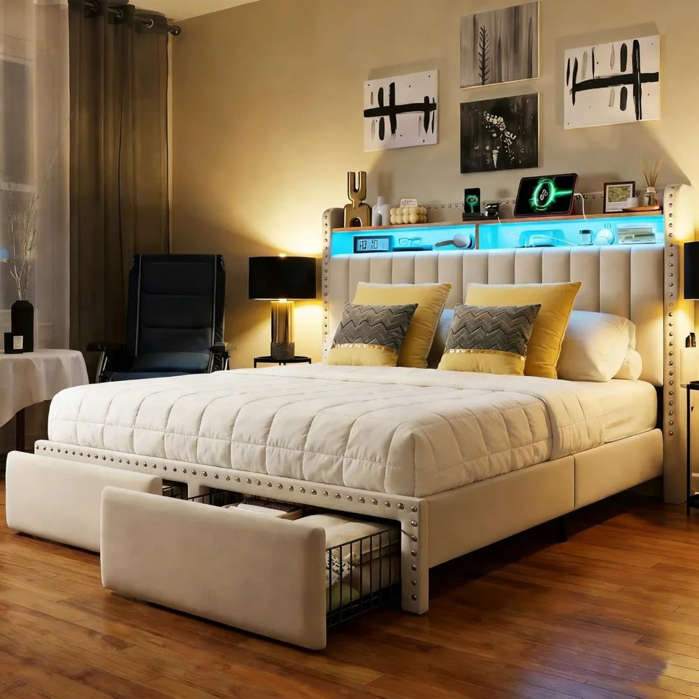 Queen Bed Frame with 2 Storage Drawers, Upholstered Queen Platform Bed with LED Lights and Charging Station, Sturdy, Customized