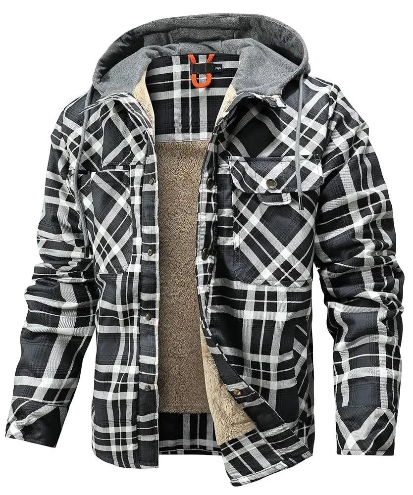 Men's Winter Hooded Plaid Flannel Sherpa Lined Jacket