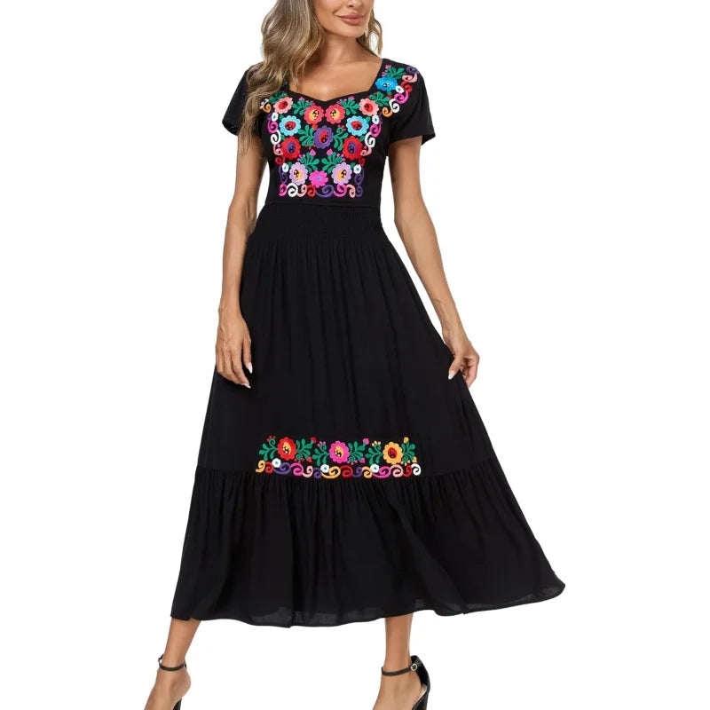 Floral Embroidered Maxi Dress For Women, Round Neck, Short Sleeve