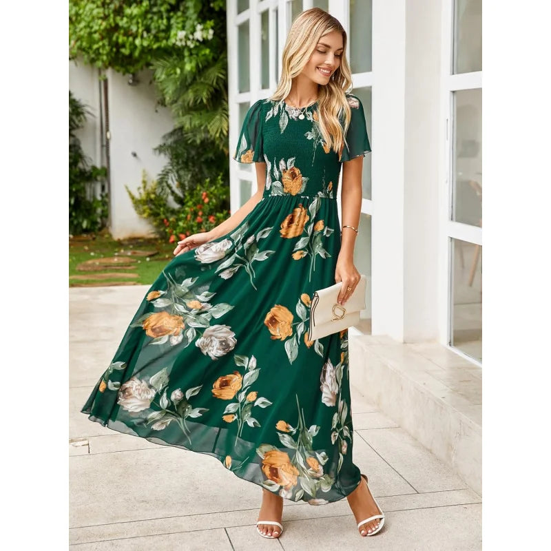 Floral Casual Summer Maxi Dress Chiffon With Smocked Short Sleeve