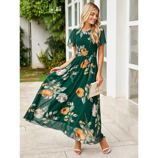 Floral Casual Summer Maxi Dress Chiffon With Smocked Short Sleeve