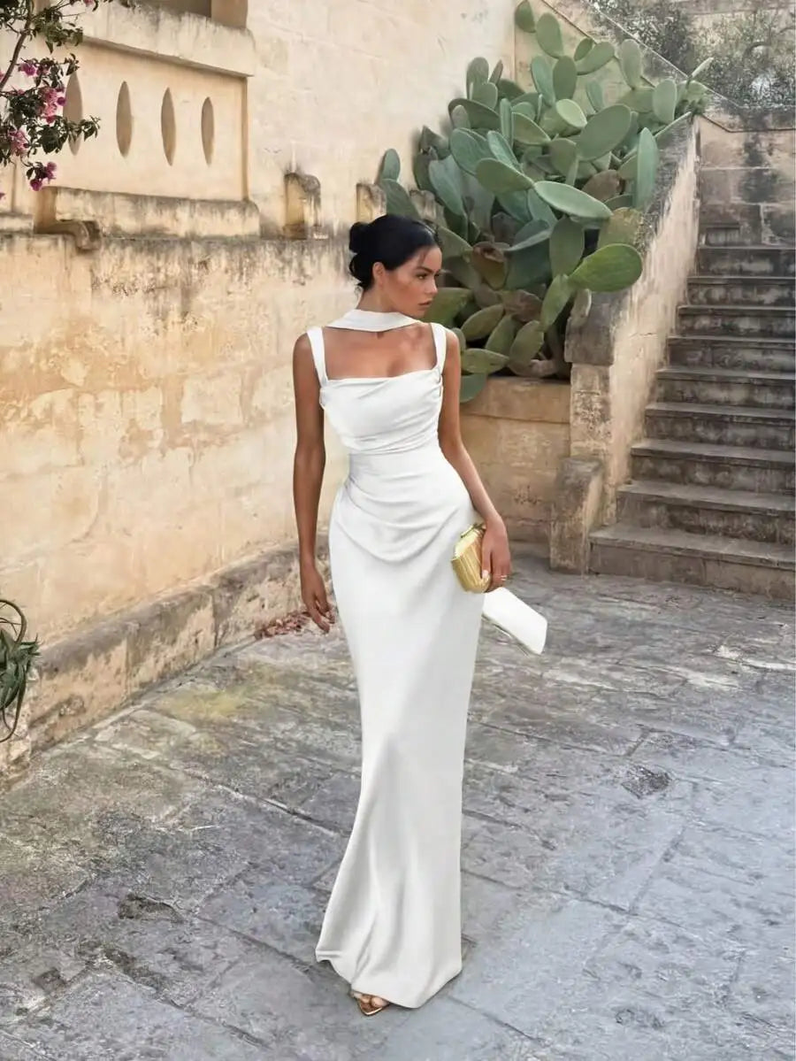 Elegant Satin Long Dress With Ribbon Strap For Women