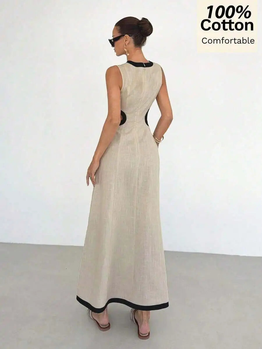 Cotton Sleeveless Color Block Hollow Out Dress With High Waist