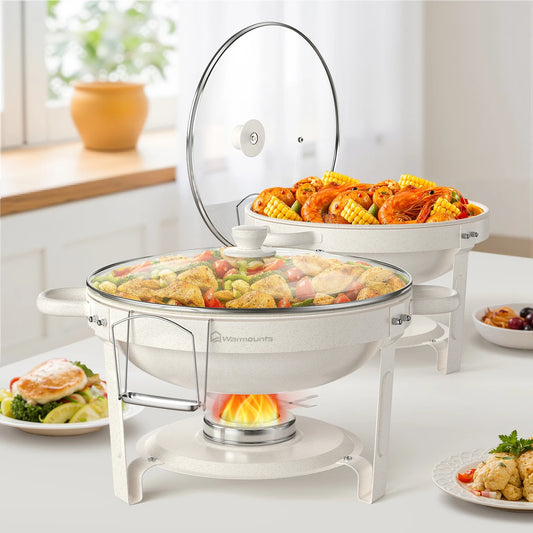 2/4Pack 5QT Fully Coated Round Chafing Dishes Buffet Set with Glass Lid White Style Chafer Water Pan