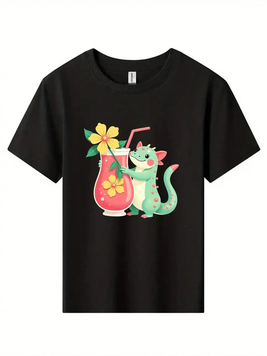 Fantasy Cartoon Dragon And Tropical Drink Cotton Tee