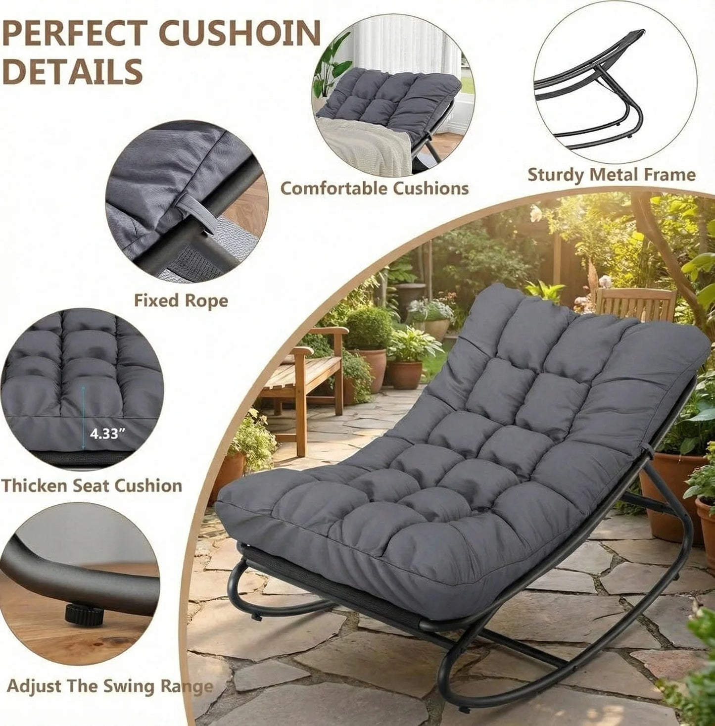 Oversized Outdoor Patio Rocking Chair – Heavy Duty Metal Frame, Thick Cushions, Comfy Recliner, 400/450 LBS Capacity – Relaxing Garden, Porch, Balcony, Backyard & Indoor Lounge Seating