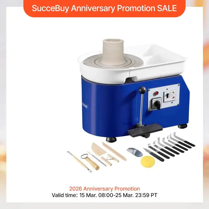 SucceBuy 11in Pottery Wheel Ceramic Forming Machine Adjustable 60-300RPM Speed Handle Foot Pedal Control ABS Detachable Basin
