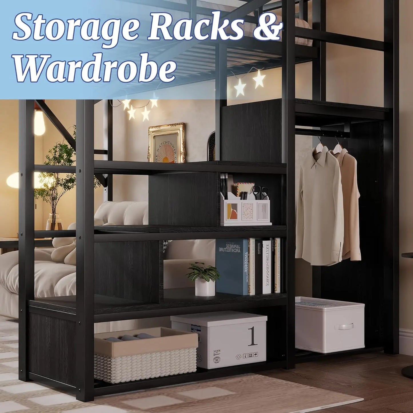 Queen Size Loft Bed Frame for Adults, Metal Loft Bed with Stairs & Storage, Wardrobe, Bedside Shelf and Large, Customized