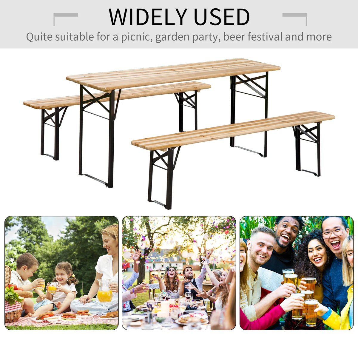 Outsunny Camping Table Set Wood Top Metal Frame Outdoor Furniture