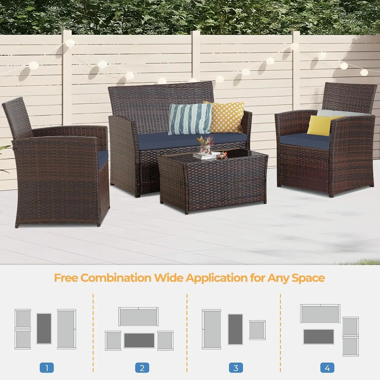 4 Piece Outdoor Patio Furniture Sets, Patio Sectional Furniture Conversation Sofa Set, Rattan Table and Chairs and, Customized