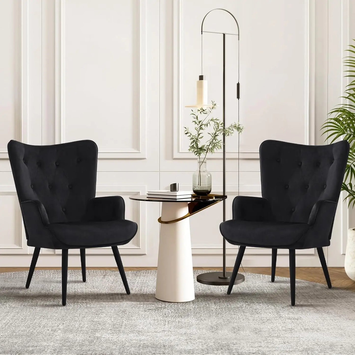 Set of 2 Mid Century Brown PU Leather Wingback Accent Chairs, High Backrest Reading Corner Armchair, Customized