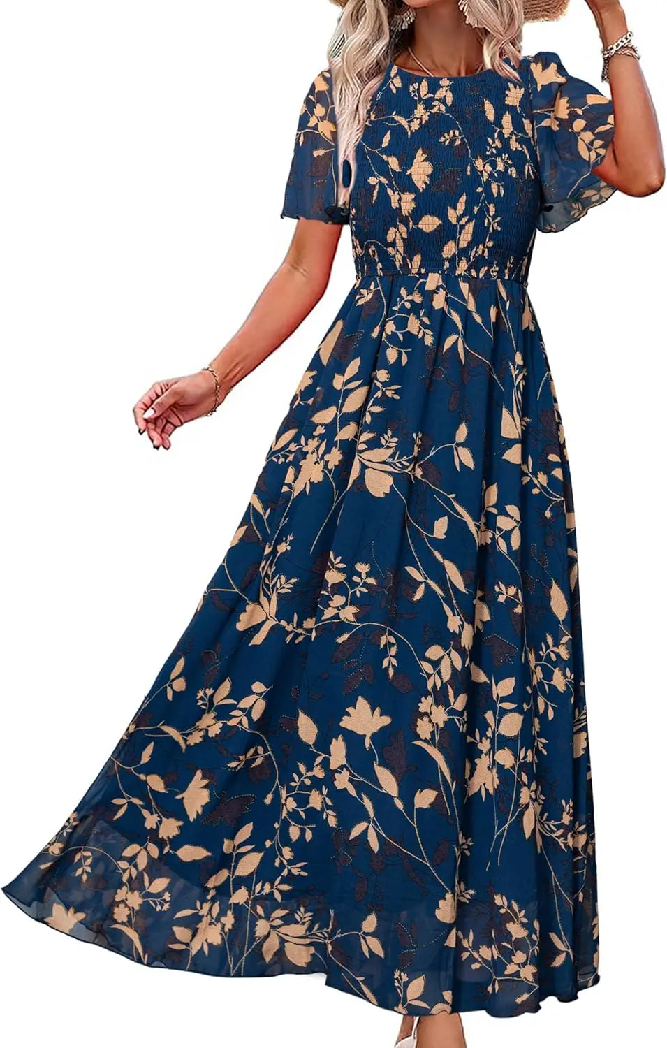Floral Casual Summer Maxi Dress Chiffon With Smocked Short Sleeve