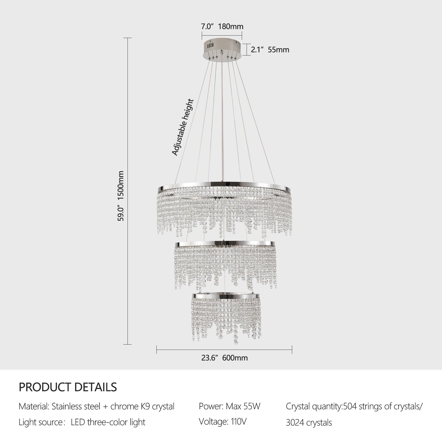 Crystal LED Pendant Chandelier With Adjustable Color Temperature