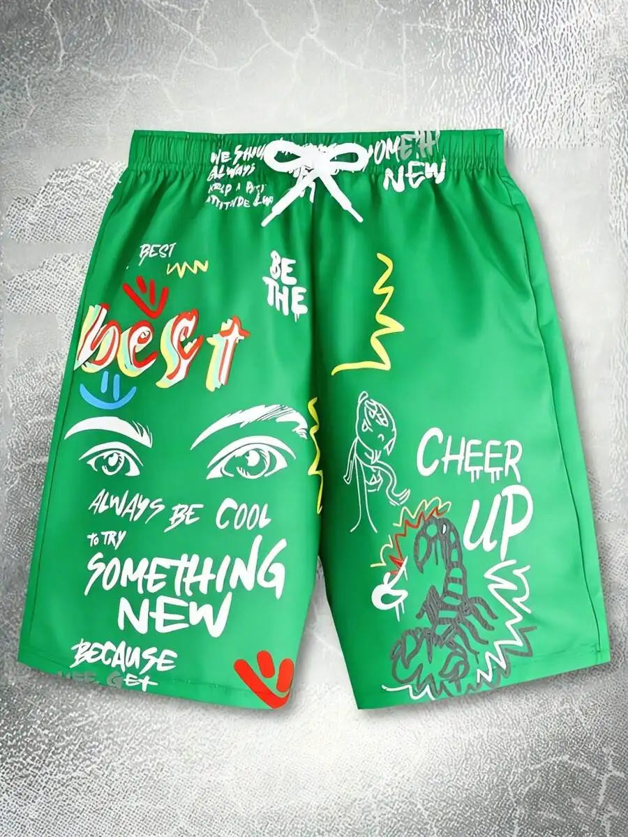 Mens Graphic Print Beach Shorts Orange Elastic Waist Swim Trunks Motivational Quote Casual Summer Wear
