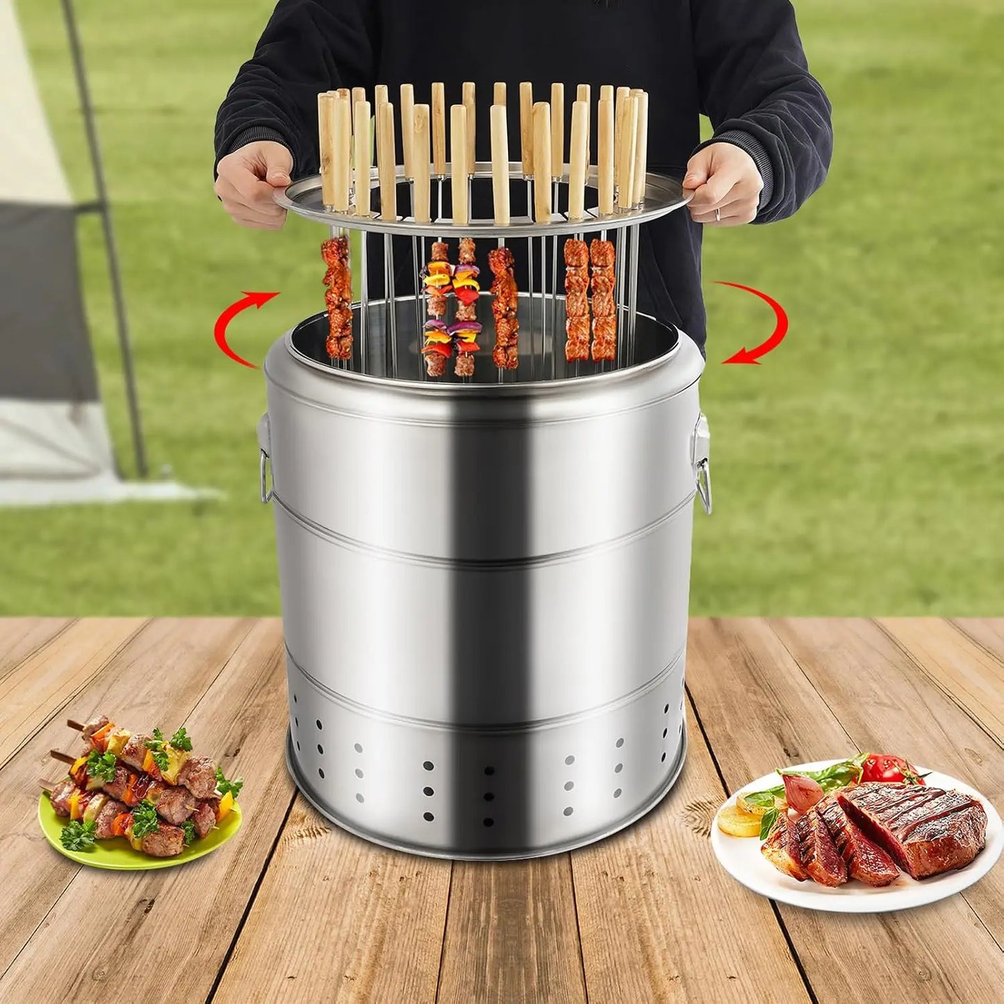 Charcoal Barbecue Grill - 28 Skewers Large Capacity BBQ Grill, 360° Even Heat Distribution, BBQ Charcoal Grill with Grilling Accessories, Outdoor Barbecue Grill for 6-10 Peoples