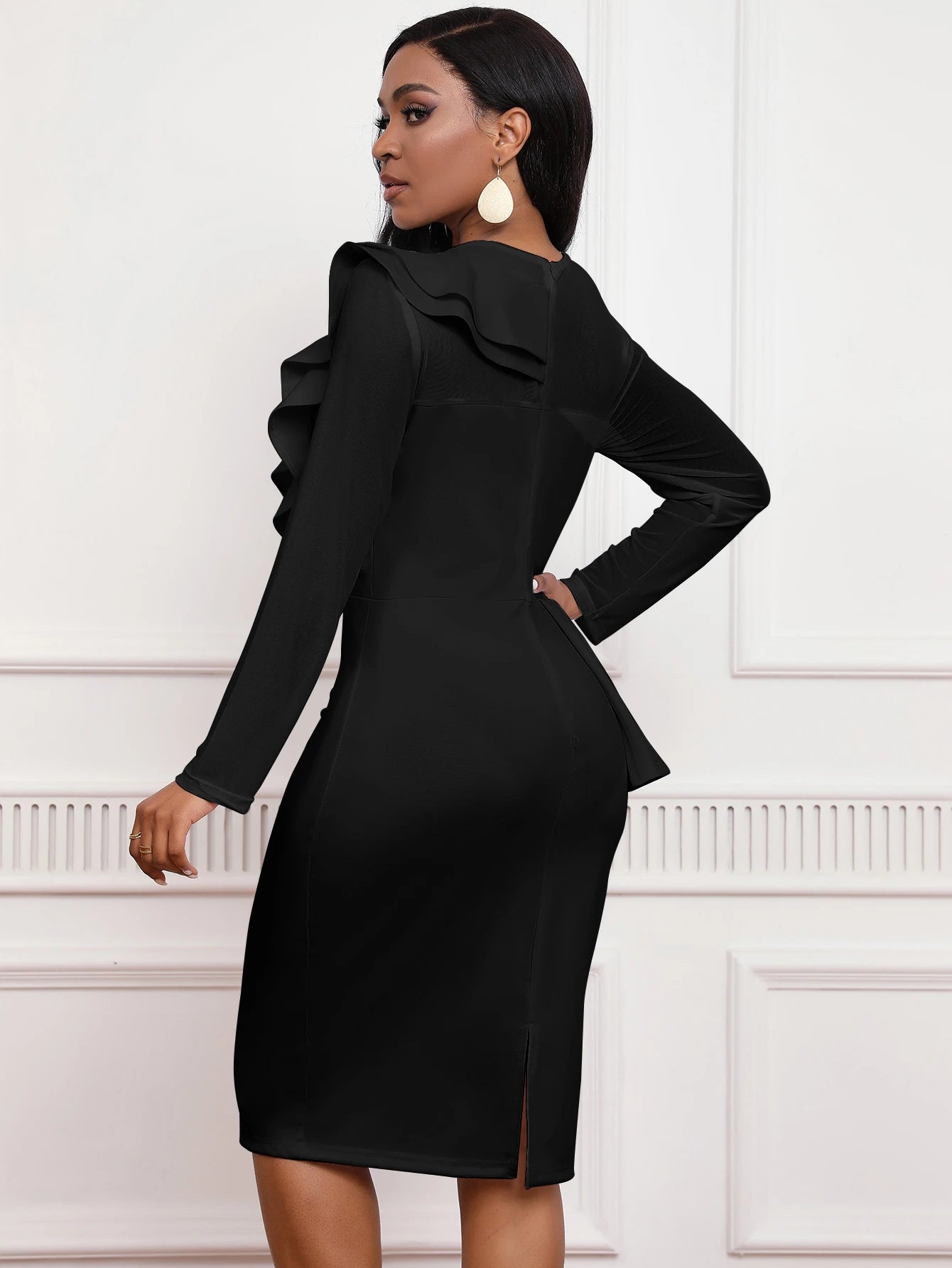 2026 Fashion Beaded Dress Mesh Long-Sleeved Stretch Slim-Fit Ruffled Hip Skirt Dating All-Match Elegant Women's Clothing
