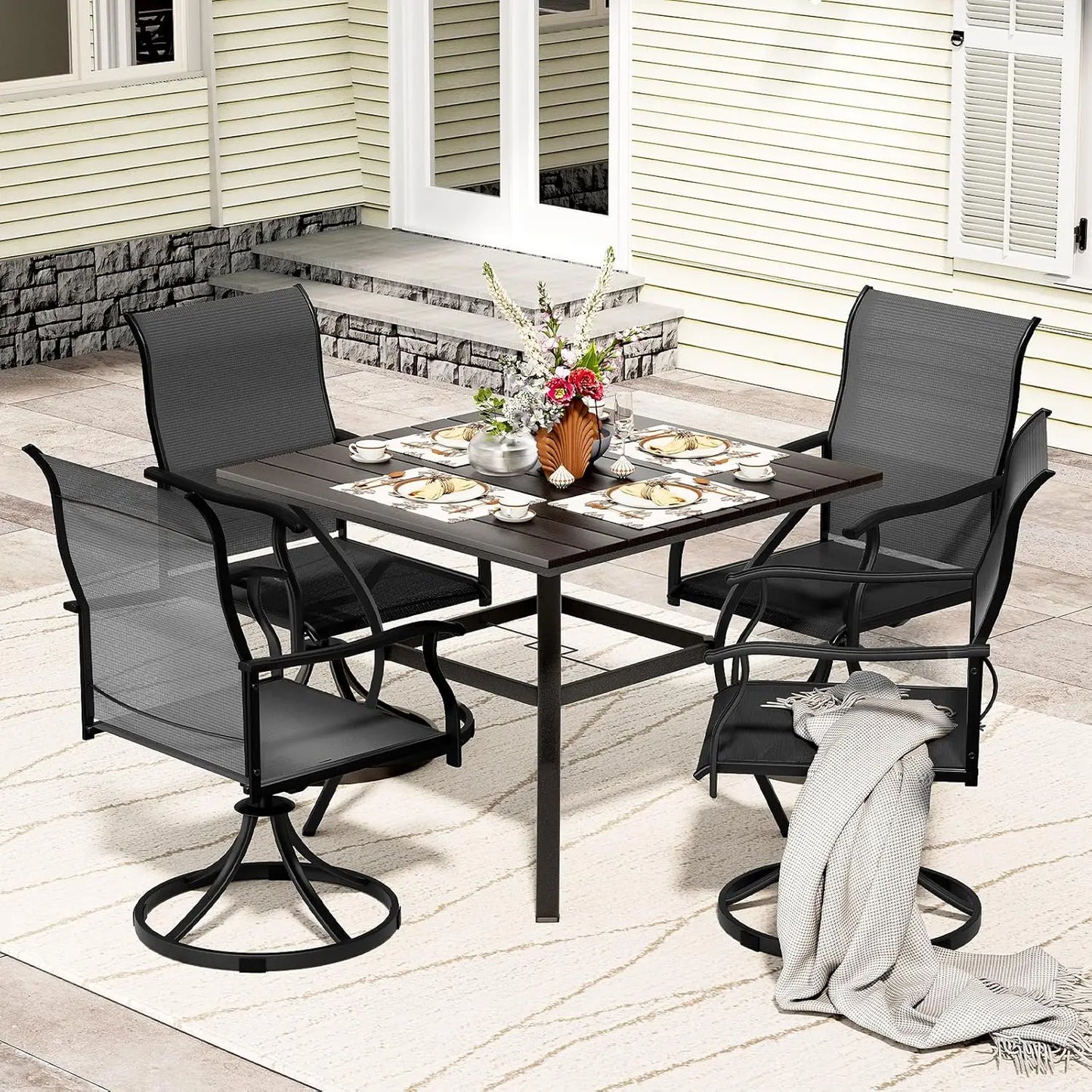 Outdoor 5 Piece Patio Dining Set With Swivel Chairs And Round Table