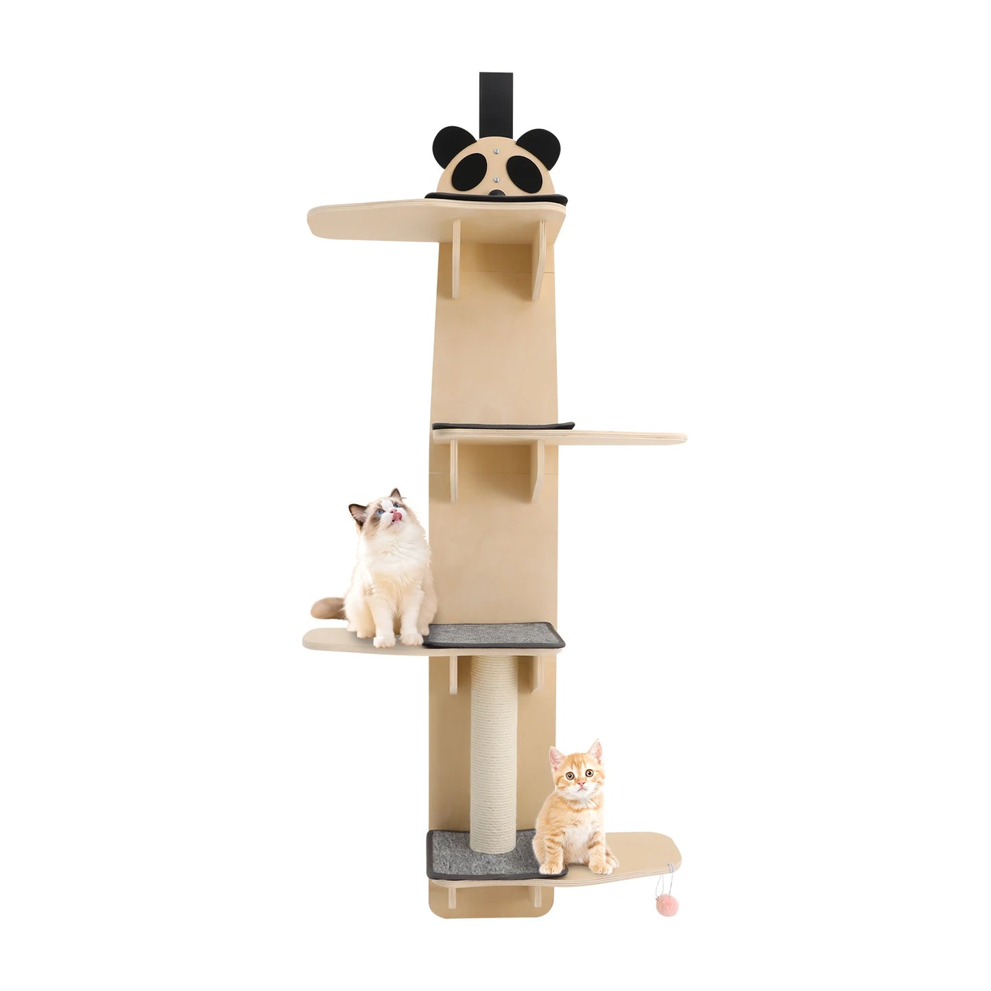 Light Wood Color Panda Head Solid Wood Cat Door Hanger 4-tier Door Hanging Cat Climber with Tease Ball Cat Tree Tower for  Cats To Climb, Scratch, Play, Rest