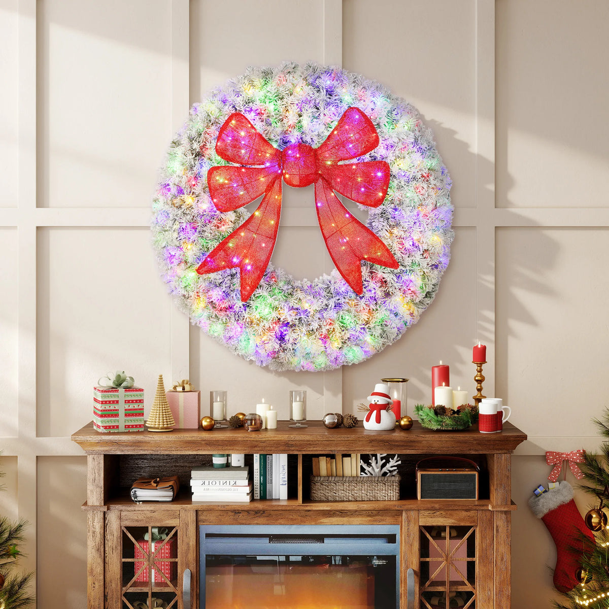 HOMCOM Flocked Artificial Christmas Wreath Pre Lit Indoor Holiday Decor