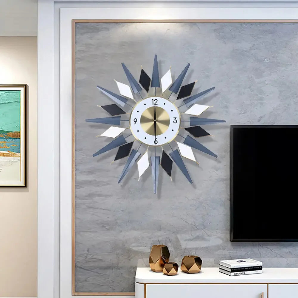 23.6 Inch Modern Large Decorative Wall Clock Silent Non Ticking,Retro Star VWall Clock Decor,Battery Operated Sun Wall Clock