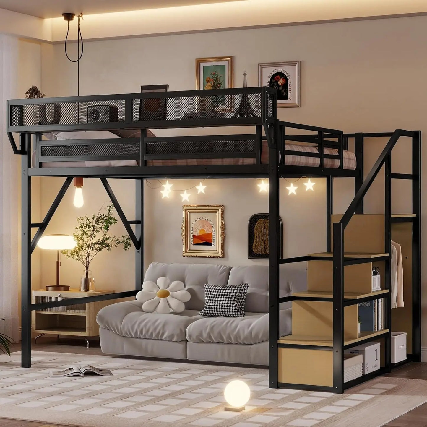 Queen Size Loft Bed Frame for Adults, Metal Loft Bed with Stairs & Storage, Wardrobe, Bedside Shelf and Large, Customized