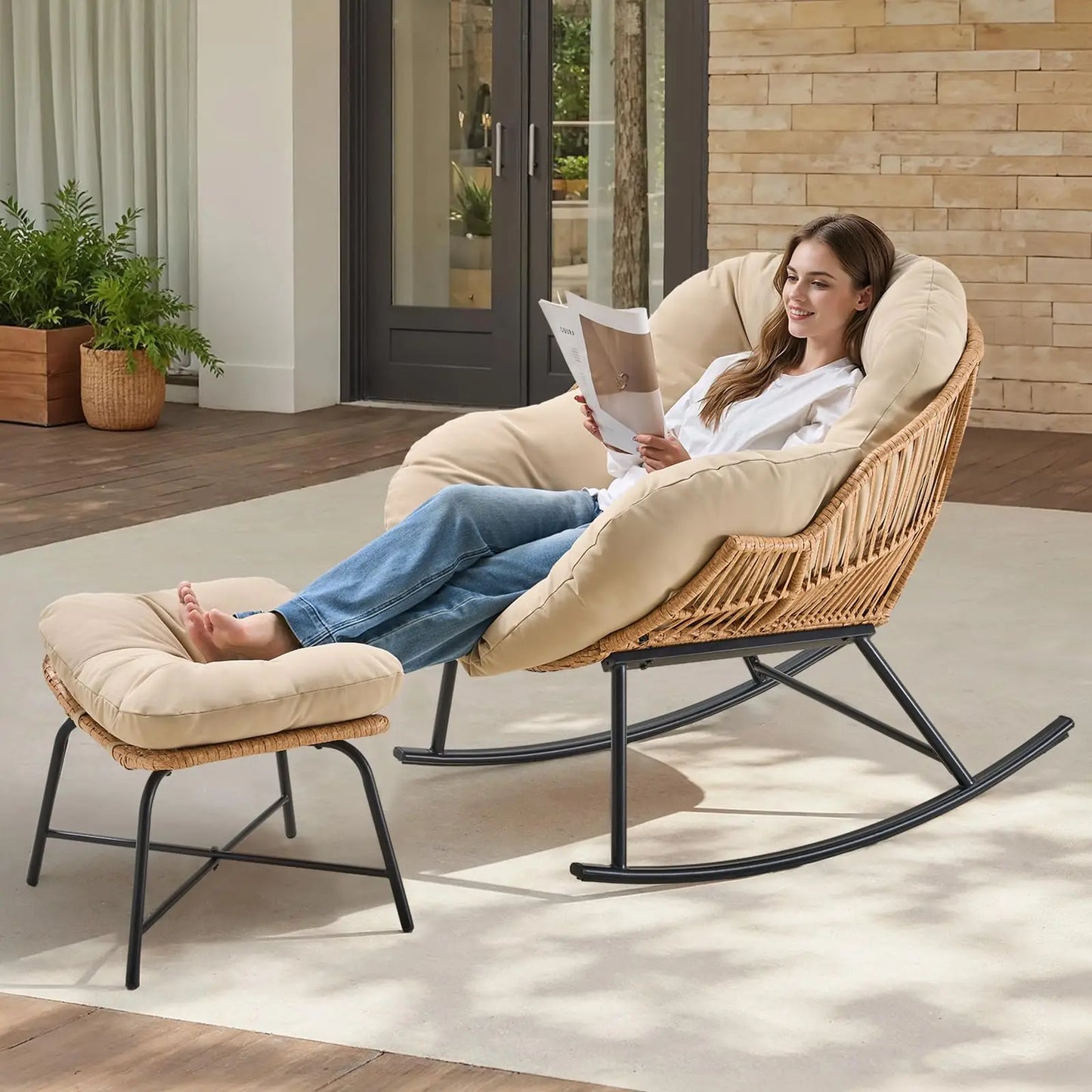 Papasan Rocking Chair with Ottoman, Oversized Wicker Rattan Egg Patio Chair Indoor Outdoor Lounge Rocker Chair for Garden