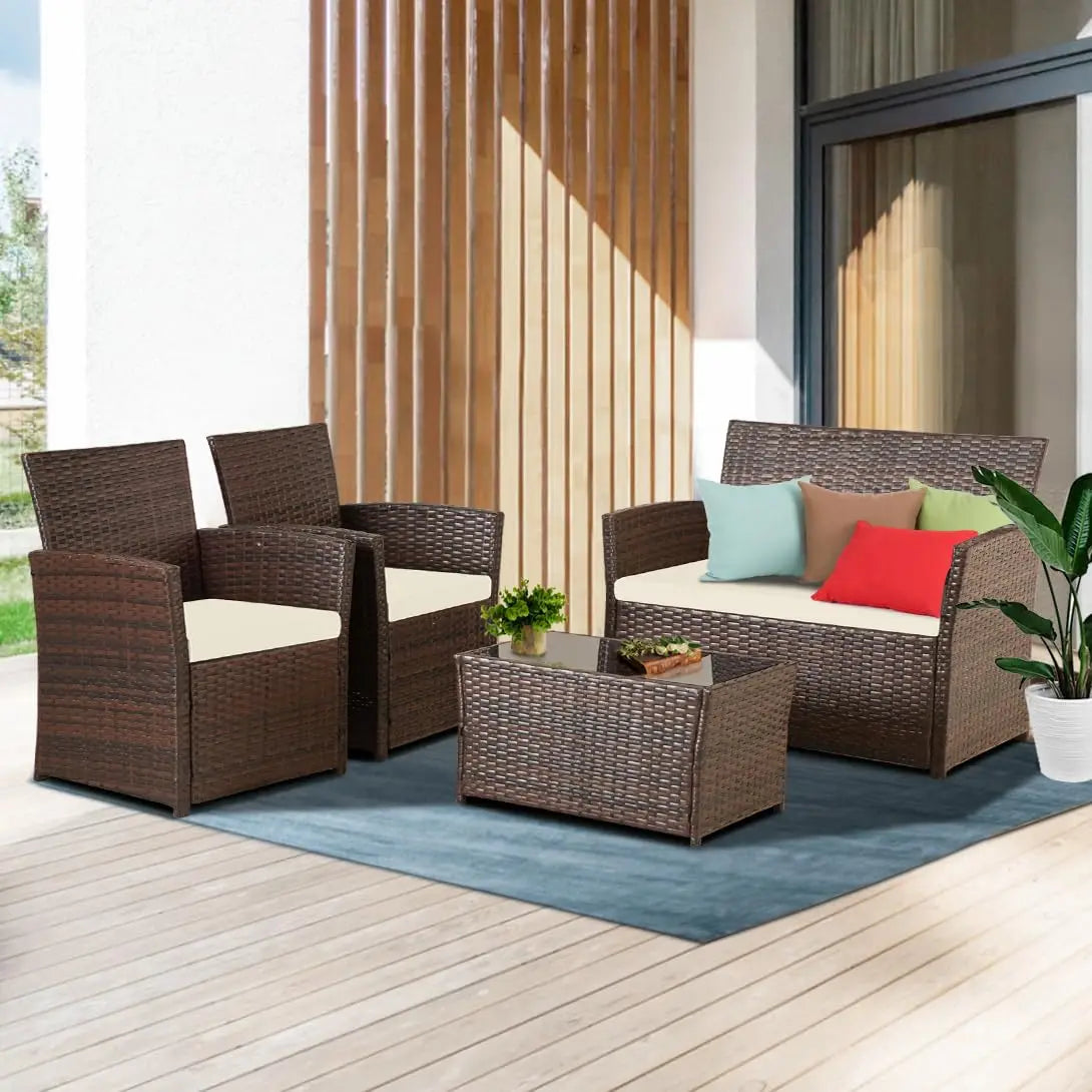 4 Piece Outdoor Patio Furniture Sets, Patio Sectional Furniture Conversation Sofa Set, Rattan Table and Chairs and, Customized