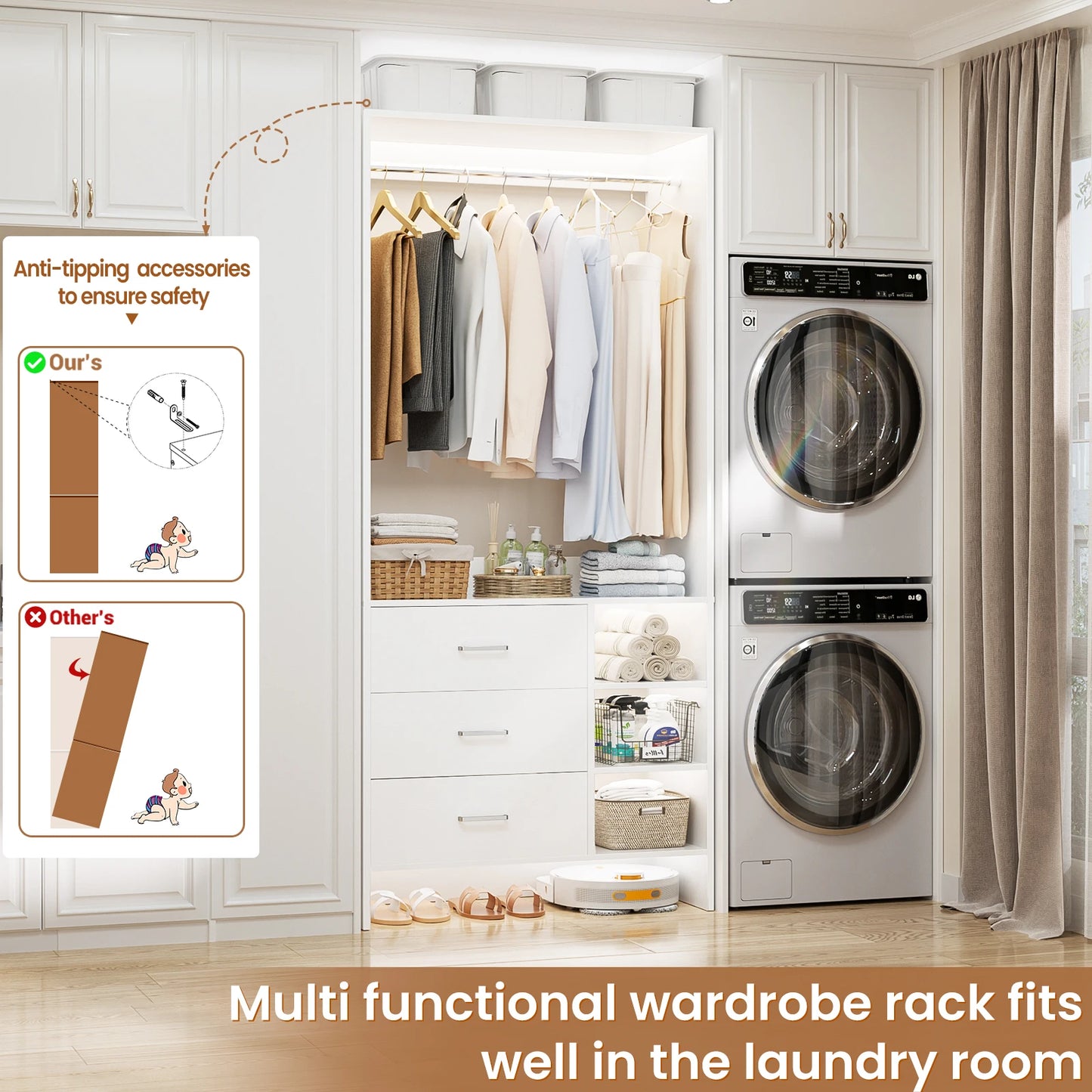 Aheaplus 2.5FT Wood Closet Organizer System with 3 Drawers 29.5'' Walk-in Or Small Closet Wardrobe with Clothes Rack And Hanging Rods