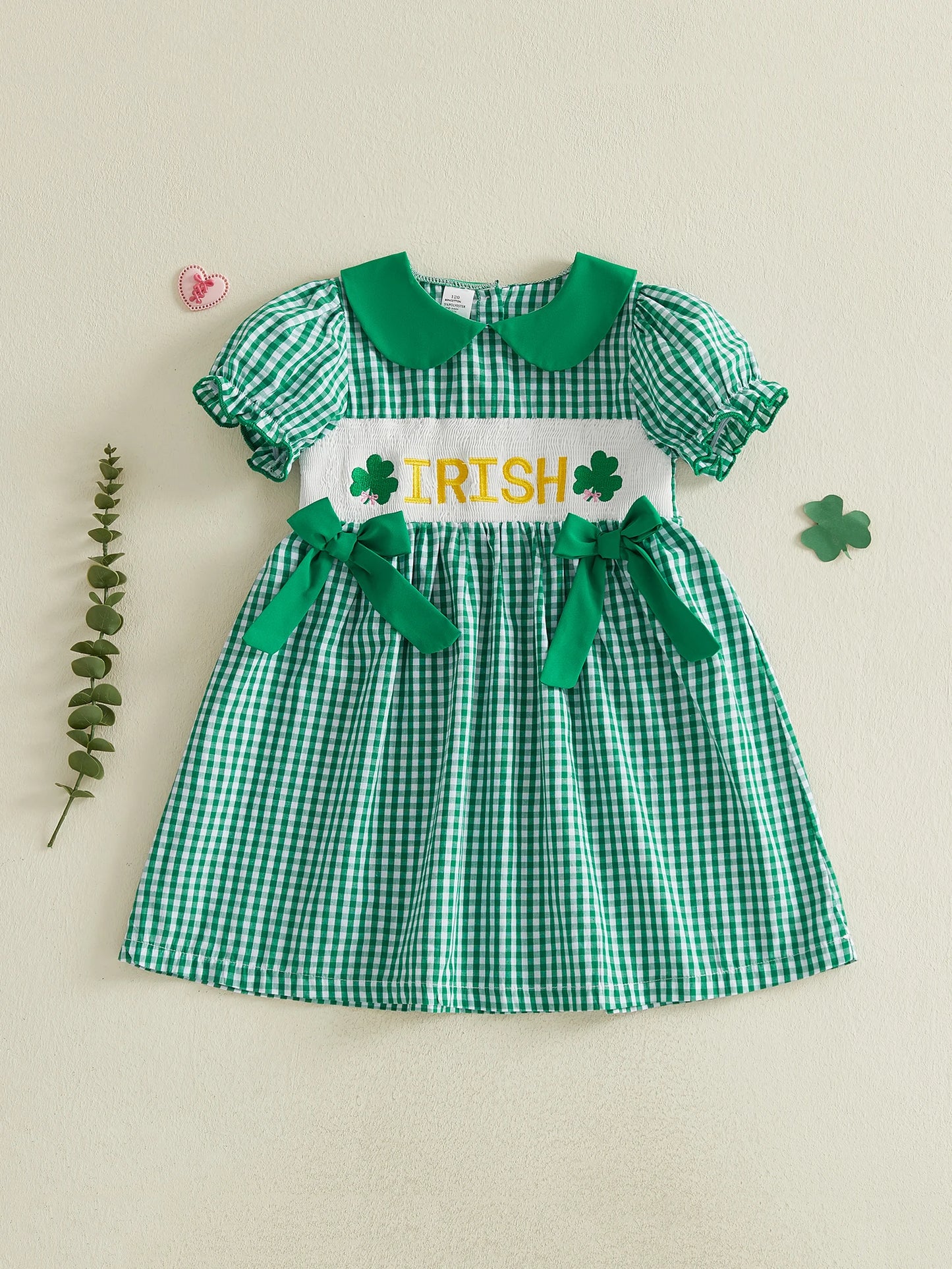 Girls Plaid A-line Dress with Short Sleeves and Doll Collar St Patrick s Day Clover Embroidery Irish Letter Detail